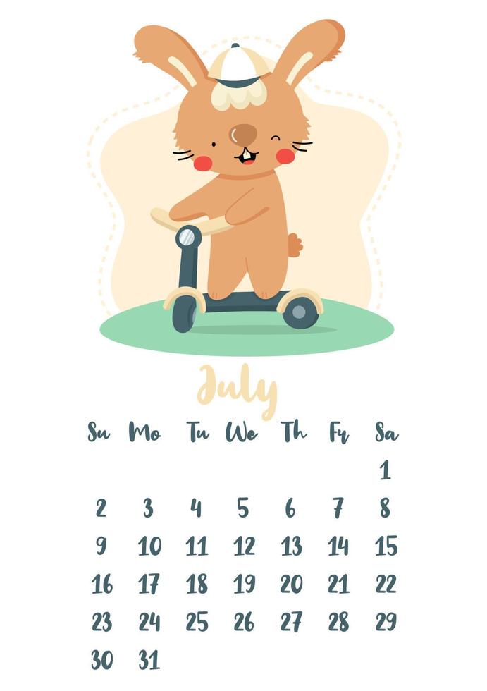 calendario vectorial vertical para julio de 2023 con un lindo conejo de dibujos animados montando un scooter. el año del conejo según el calendario chino, símbolo de 2023. la semana comienza el domingo. vector