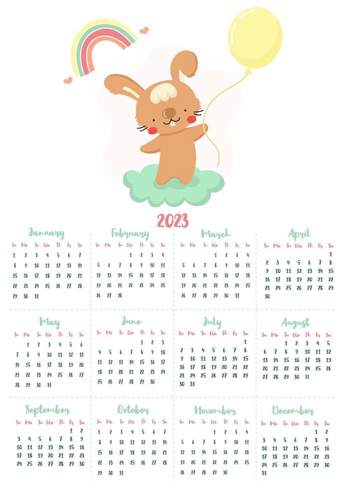 Vertical vector calendar 2023 with cute cartoon rabbit.  Funny animal character holding a balloon. The year of the rabbit according to the Chinese calendar.  Week starts on Sunday. For size A4,A3.