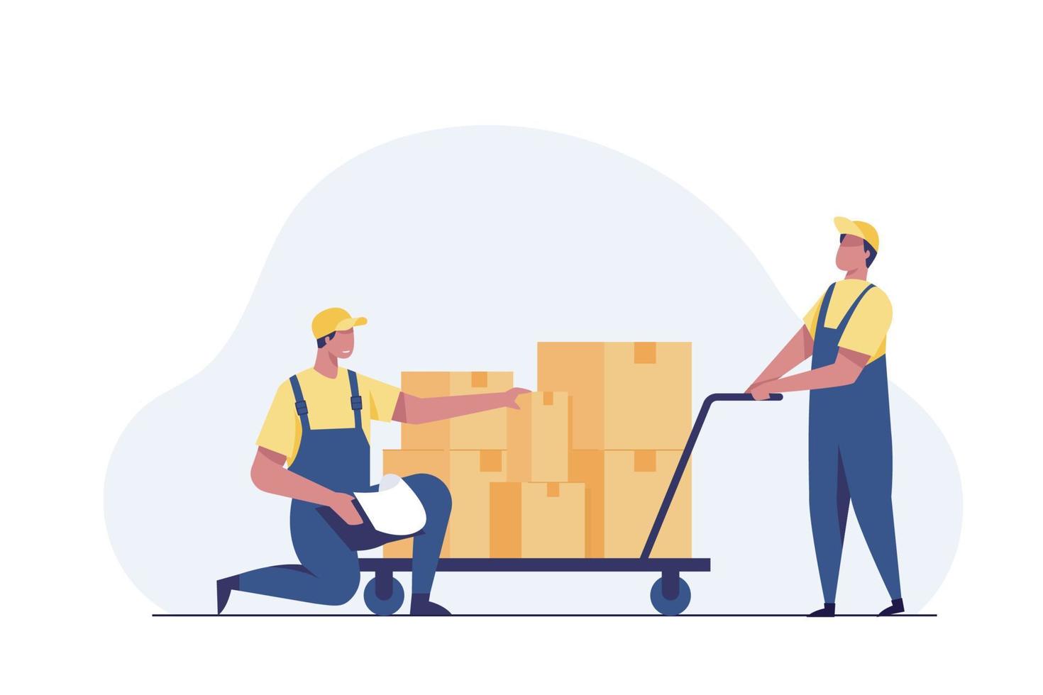 Worker loading boxes on carrier and checking parcel. vector