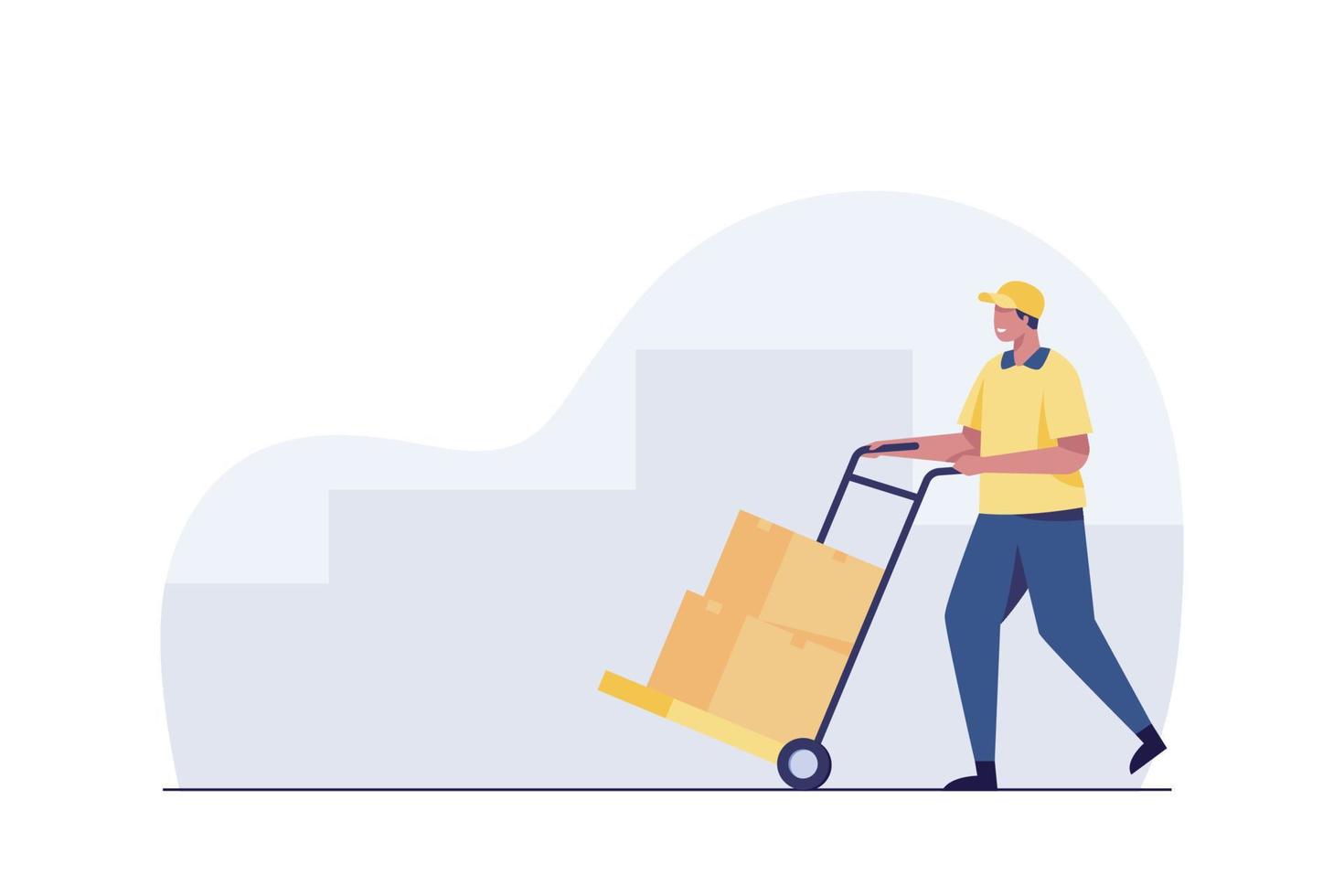 delivery man rolling cardboard box cargo trolley pushcart. vector