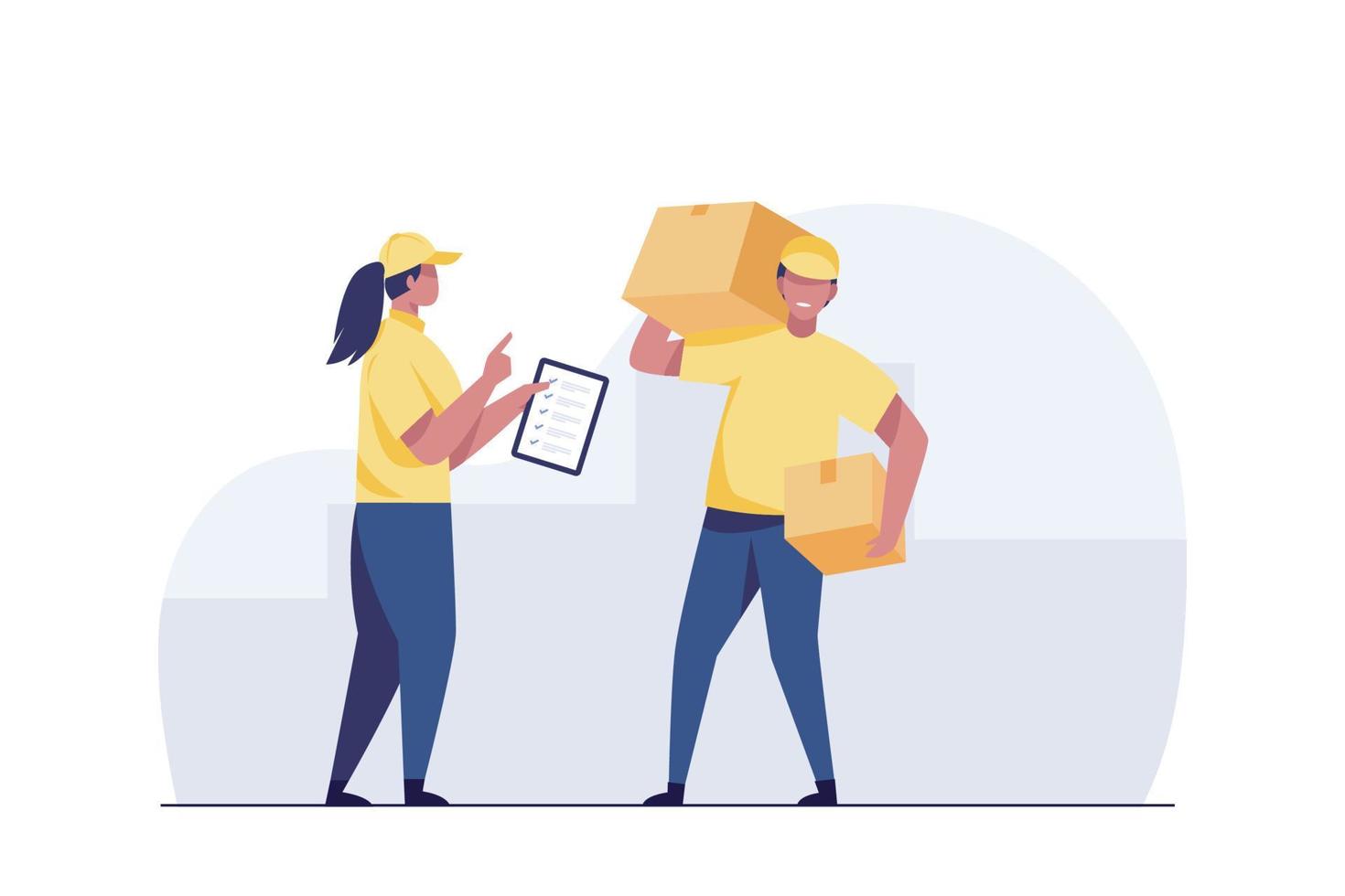 Storehouse workers keeping records of boxes. vector