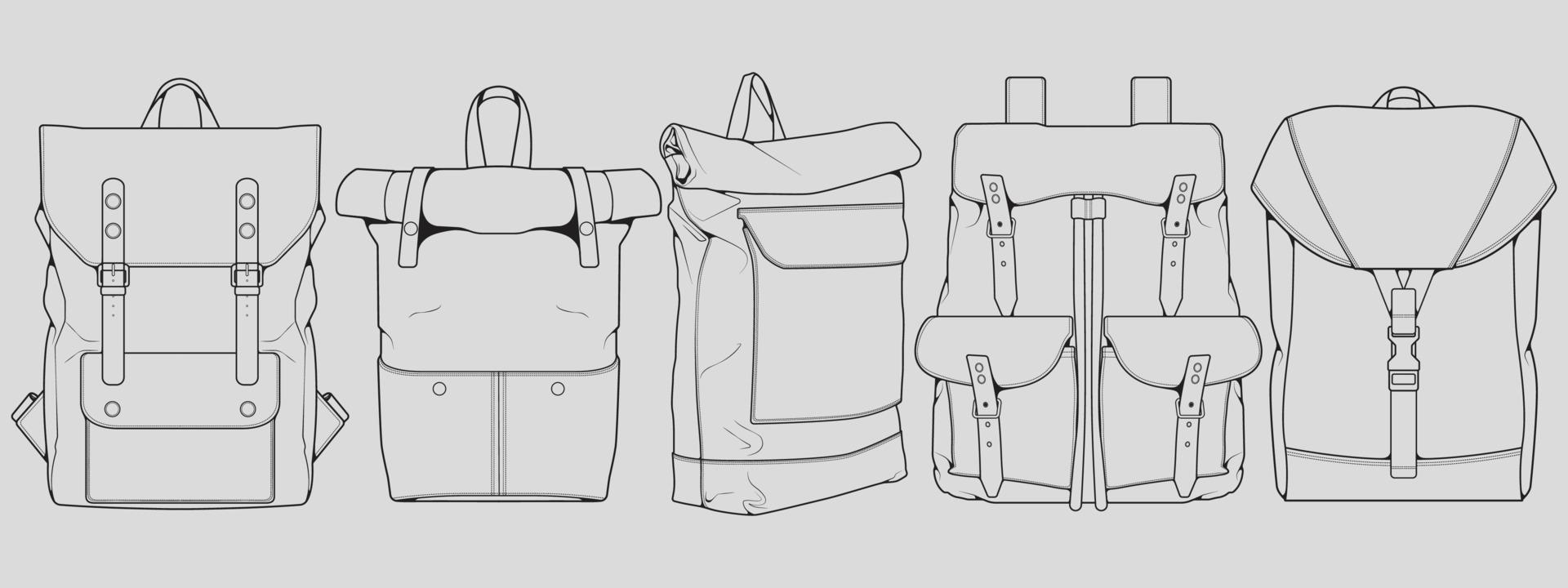 conjunto de vectores de dibujo de contorno de mochila, conjunto de mochila en un estilo de boceto, esquema de plantilla de entrenadores, ilustración vectorial.