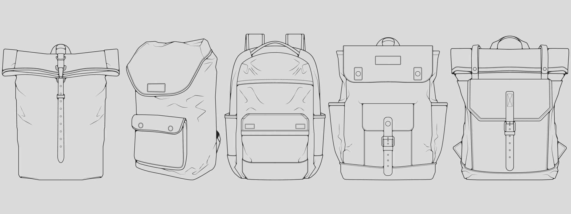 conjunto de vectores de dibujo de contorno de mochila, conjunto de mochila en un estilo de boceto, esquema de plantilla de entrenadores, ilustración vectorial.