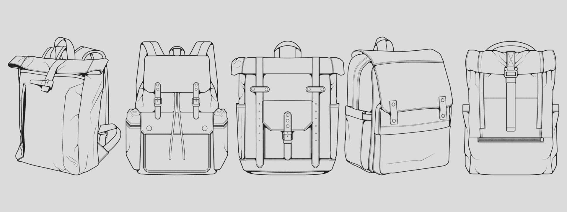 conjunto de vectores de dibujo de contorno de mochila, conjunto de mochila en un estilo de boceto, esquema de plantilla de entrenadores, ilustración vectorial.