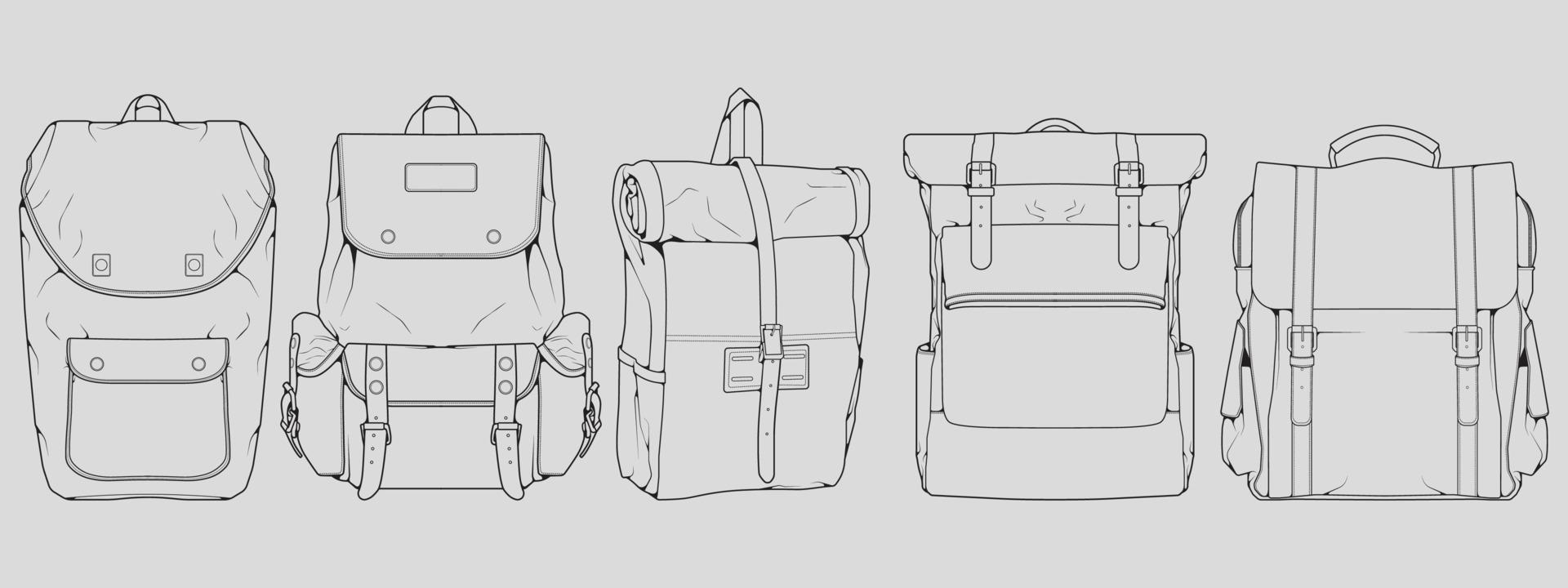 Set of backpack outline drawing vector, set of Backpack in a sketch style, trainers template outline, vector Illustration.