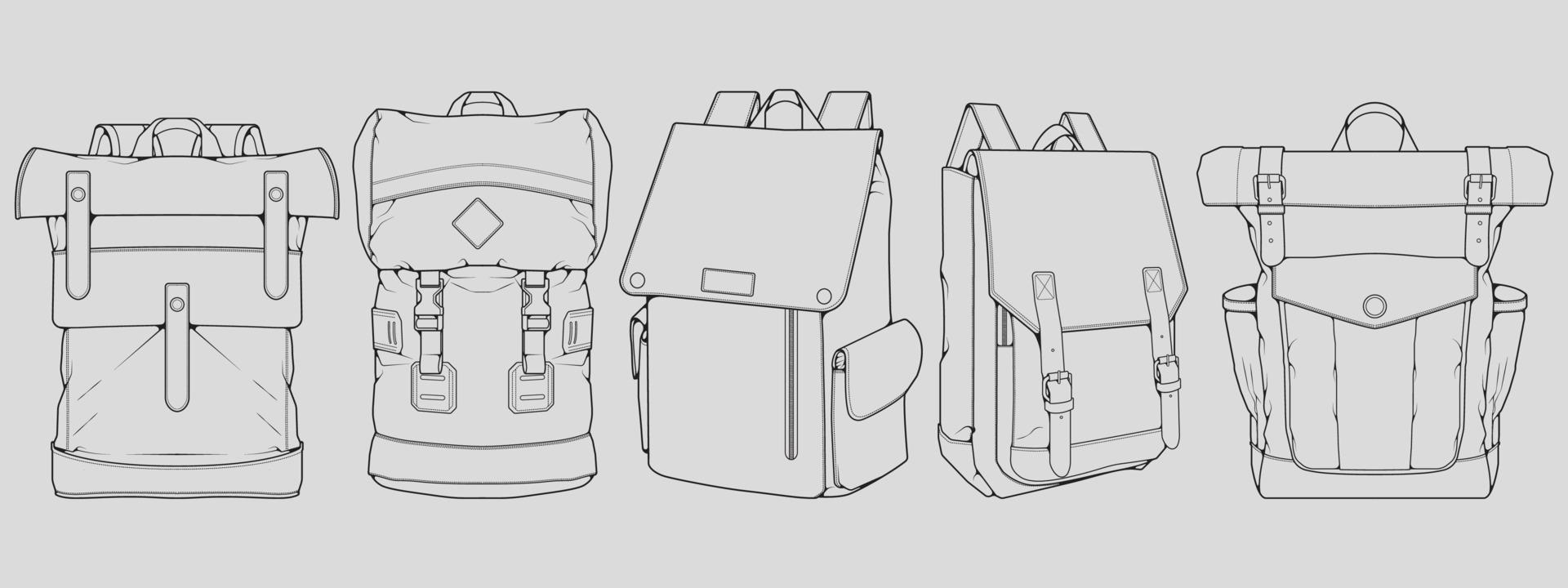 conjunto de vectores de dibujo de contorno de mochila, conjunto de mochila en un estilo de boceto, esquema de plantilla de entrenadores, ilustración vectorial.