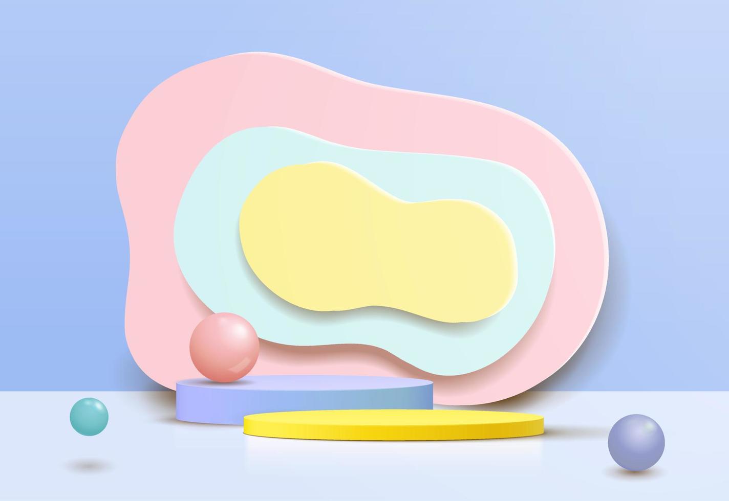 3D white cylinder pedestal podium with abstract wall scene. Modern vector rendering geometric platform for product display presentation.