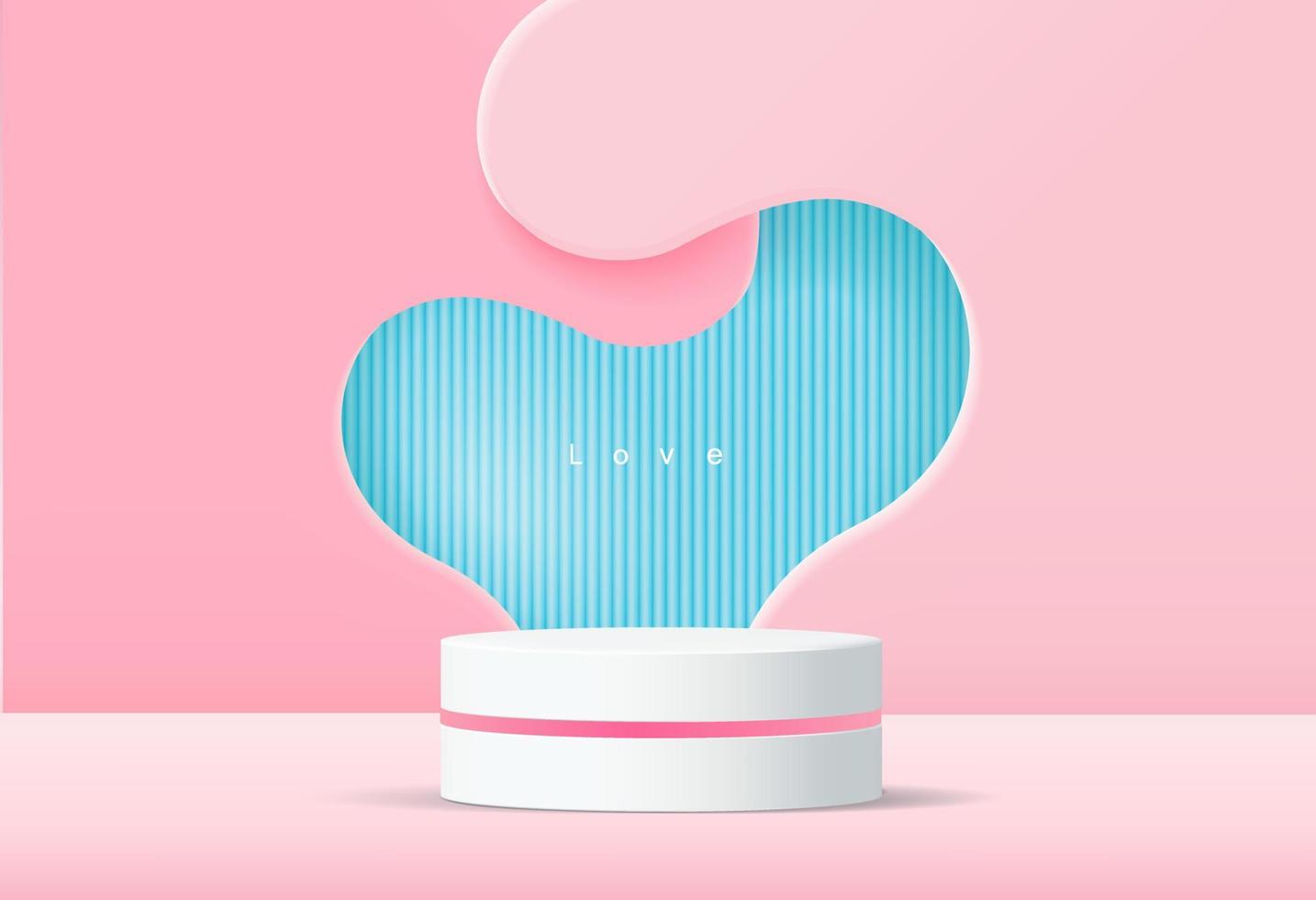 3D white cylinder pedestal podium with shape heart wall scene. Modern vector rendering geometric platform for product display presentation.