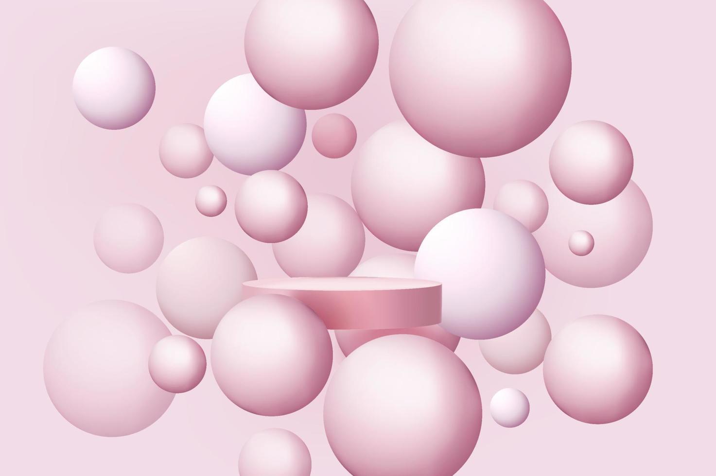 escena abstracta mínima con podio o plataforma, formas geométricas de burbujas aéreas sobre fondo rosa. vector