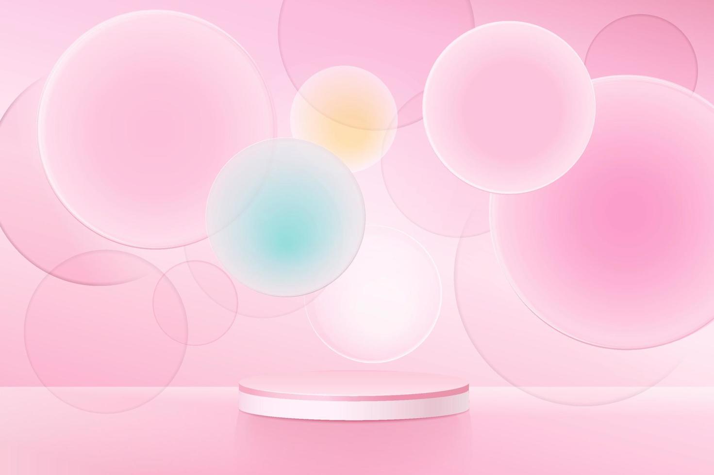 escena abstracta mínima con podio o plataforma, formas geométricas de burbujas aéreas sobre fondo rosa. vector