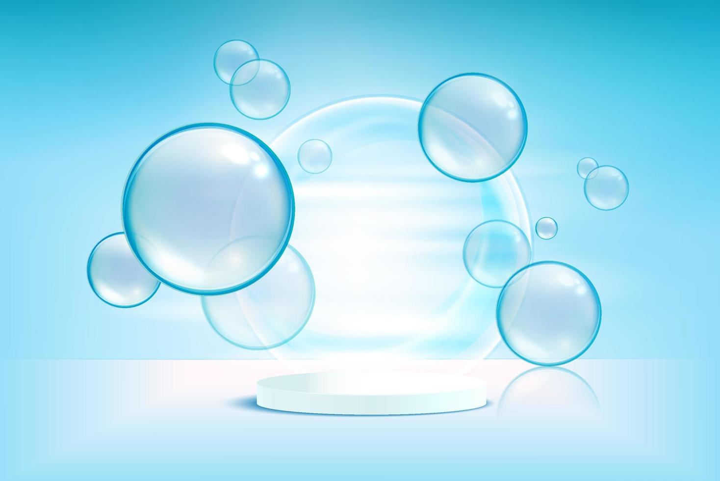 Minimal abstract scene with podium or platform, air flying geometric bubble shapes on blue background. vector