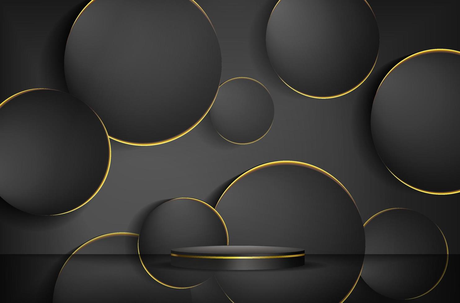 escena abstracta mínima con podio o plataforma, formas de círculo geométrico sobre fondo negro. vector