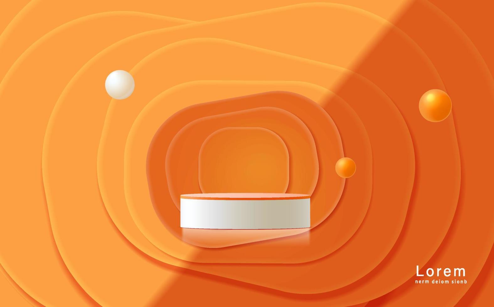 Abstract scene with podium, air flying geometric bubble shapes on orange background. vector