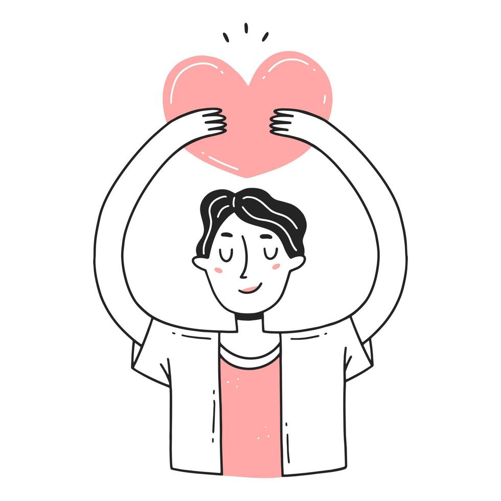 Portrait of a girl with a short haircut holding a heart in her hands in a simple linear doodle style. Vector isolated illustration.
