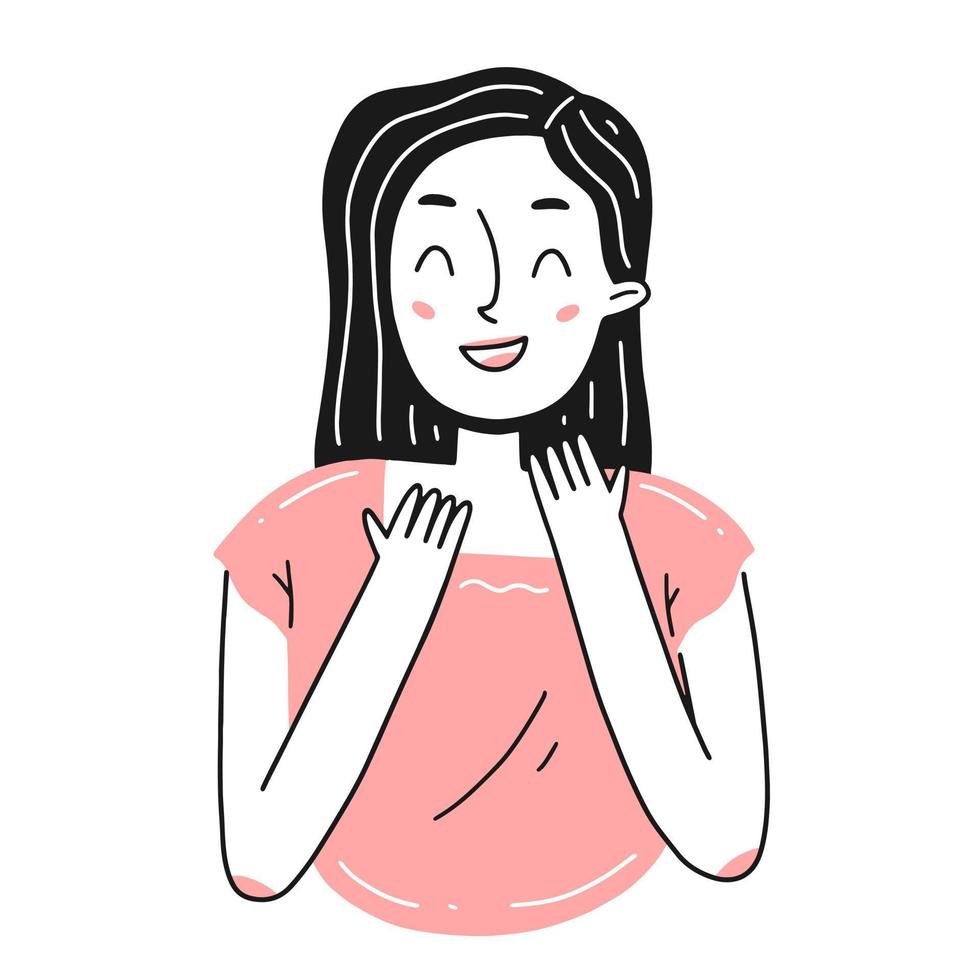 Portrait of a young joyful girl in a simple linear doodle style. Vector isolated illustration.