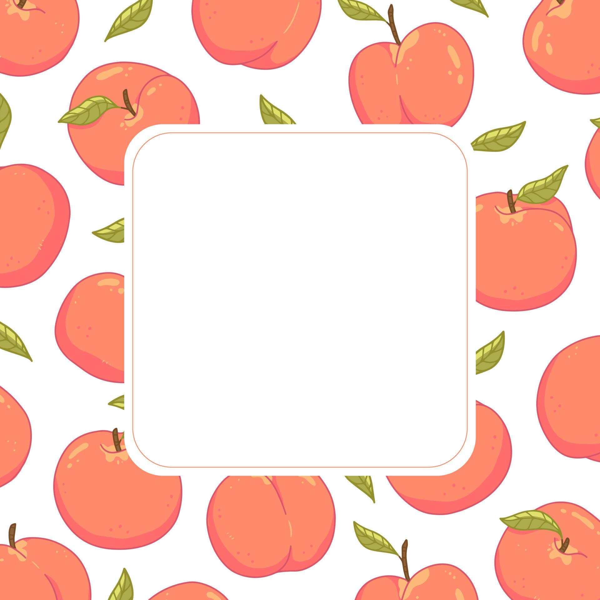 Square cute frame with peaches and leaves. Vector illustration template
