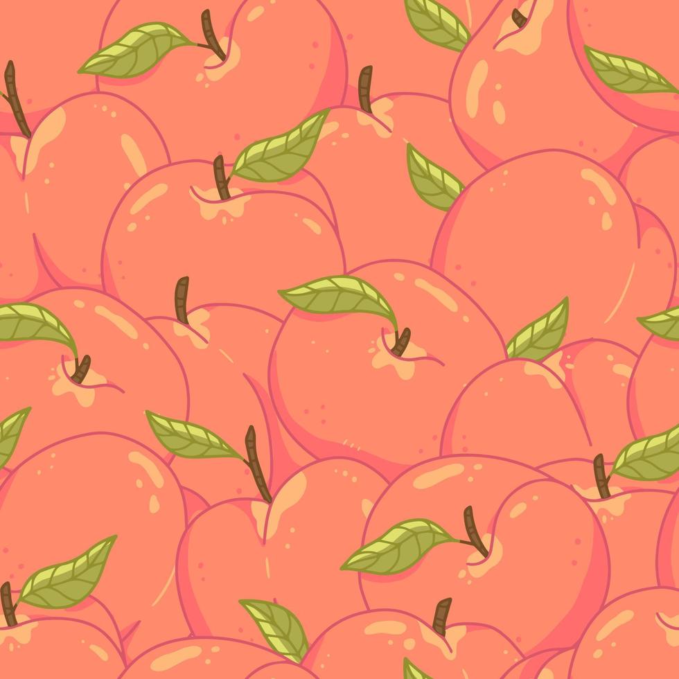 Seamless fruit pattern with peaches and leaves. Vector illustration background.