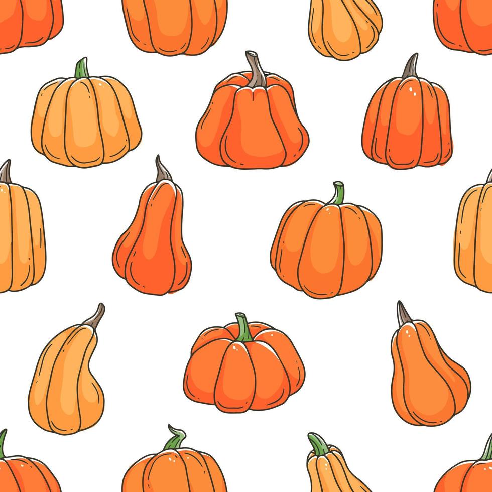 Orange pumpkins cartoon doodle seamless pattern. Contour cute vector illustration background.