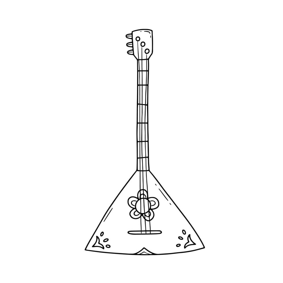 Russian folk instrument balalaika with patterns in a simple linear doodle style. Vector isolated illustration.