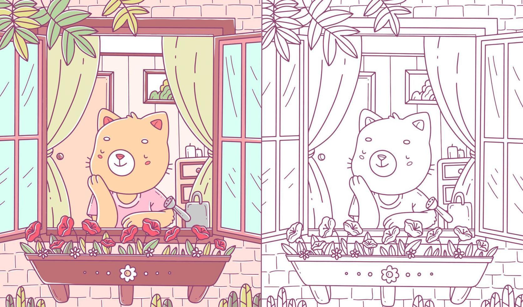 Children's cartoon coloring book with a happy kitten looking out of the window. Coloring page. Vector illustration.