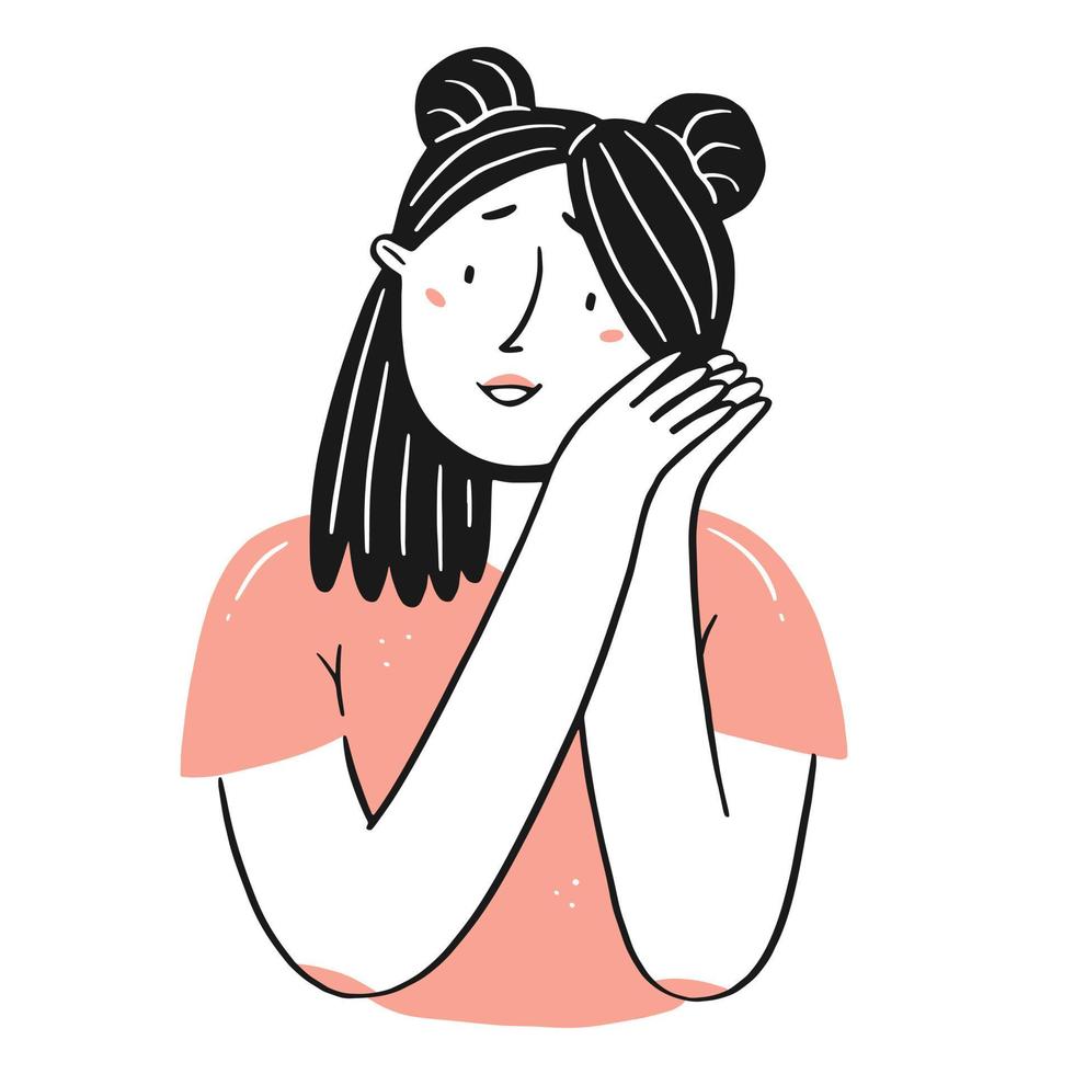 Portrait of a young touching girl in a simple line doodle style. Vector isolated illustration.