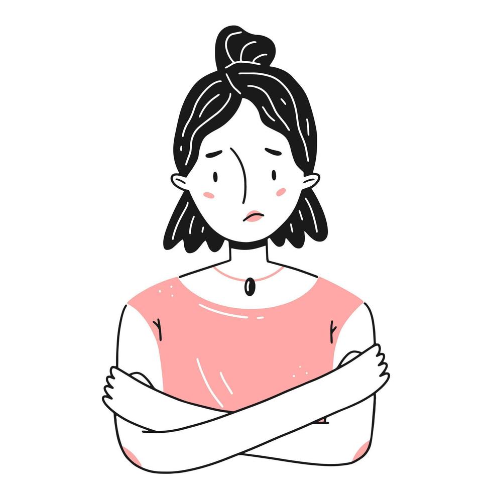 Portrait of a young sad closed girl in a simple line doodle style. Vector isolated illustration.