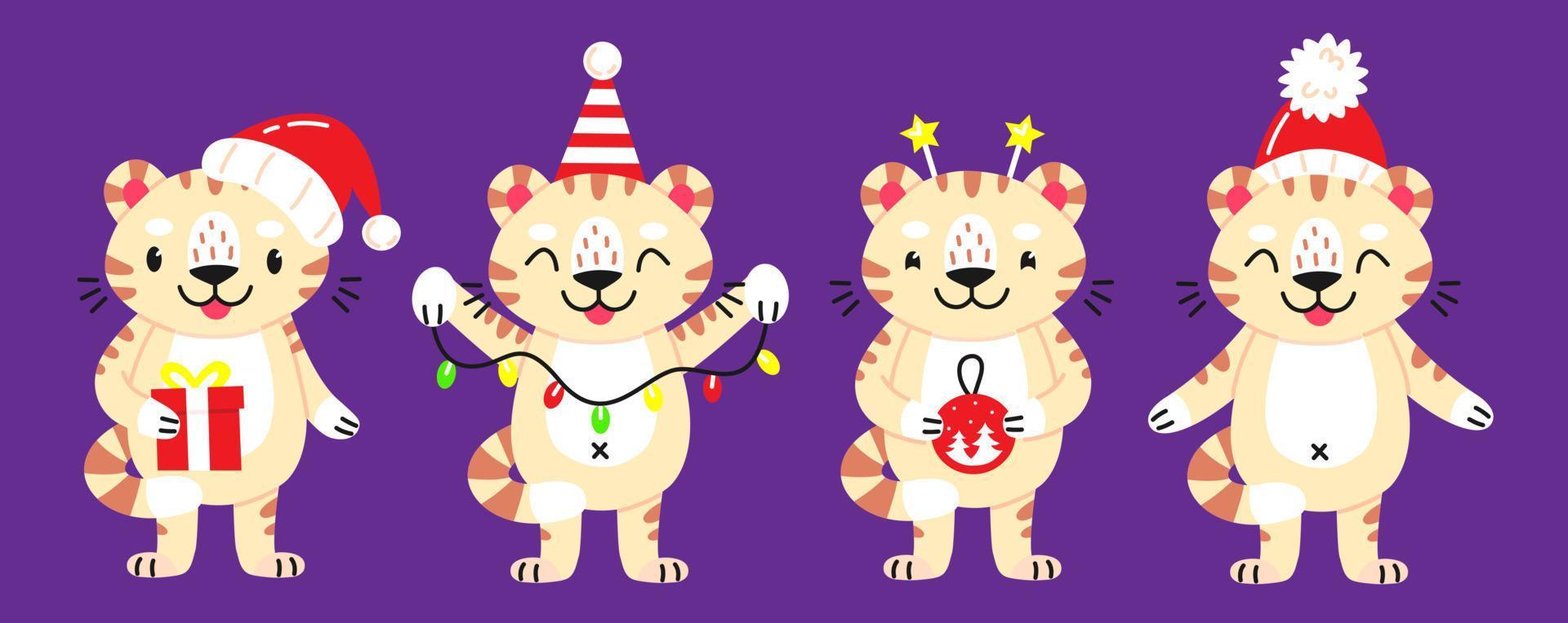 New Year's set with characters of tigers. Collection of cute animals white tiger cubs in cartoon style in Christmas hats, with a garland. Vector illustration isolated on background.