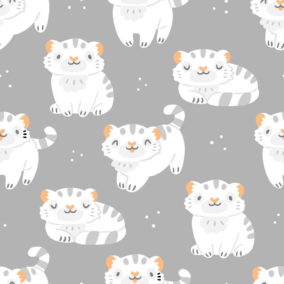 Children's seamless pattern with cute white tiger cubs and dots on a gray background. Vector illustration background in pastel colors.