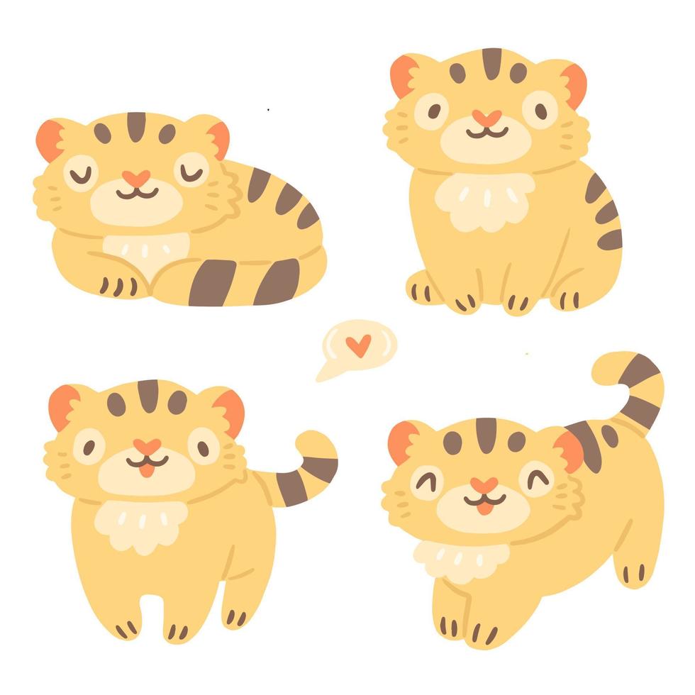 Children's set with cute little tiger animals in a cartoon style. Cartoon kittens isolated on background. Vector illustration with chinese tiger.