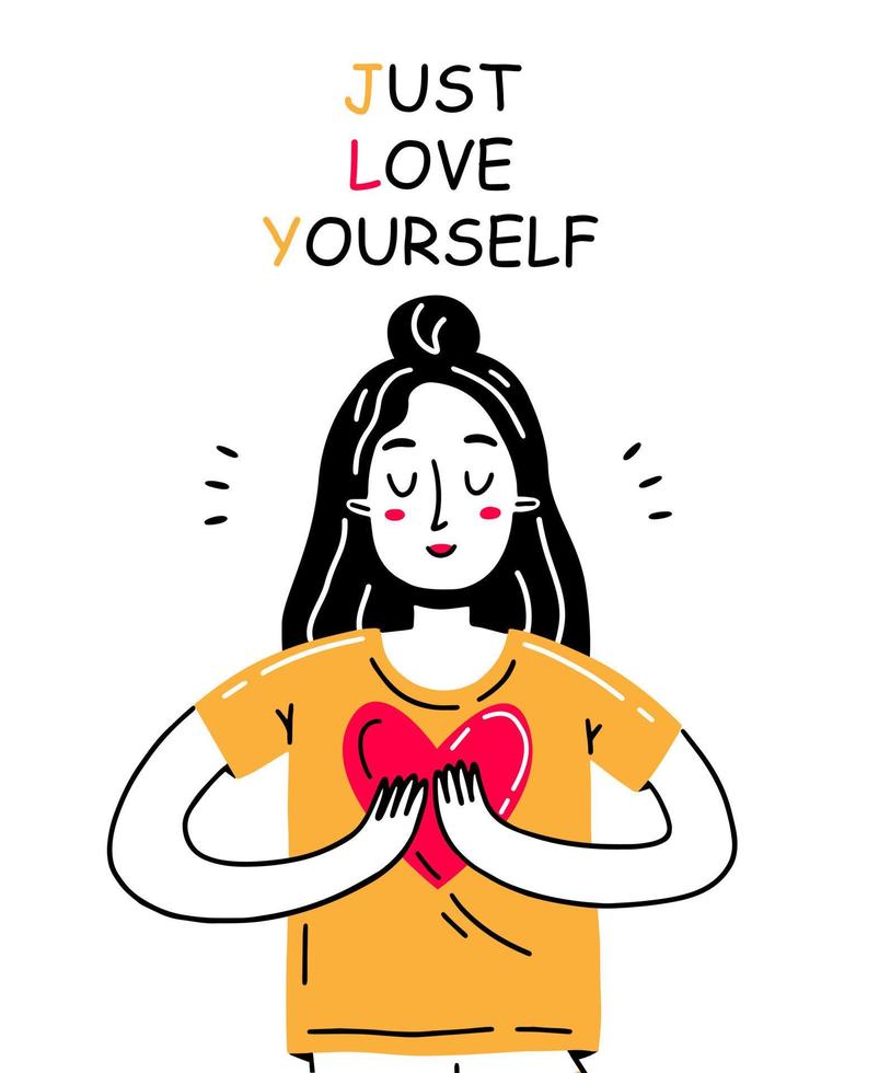 Happy girl holding a heart in the rock with the inscription just love yourself. Vector illustration with self-love character.