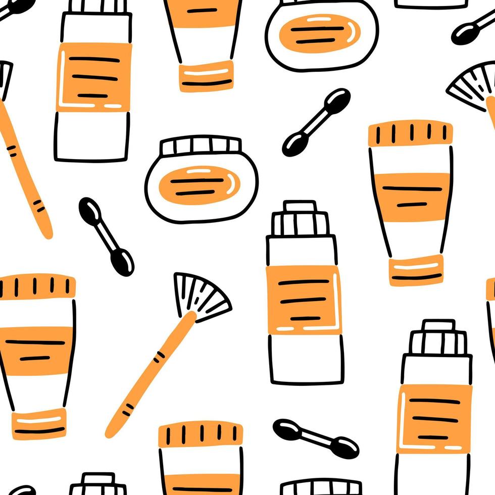 Seamless pattern with different cosmetic items in doodle style. Vector illustration background.