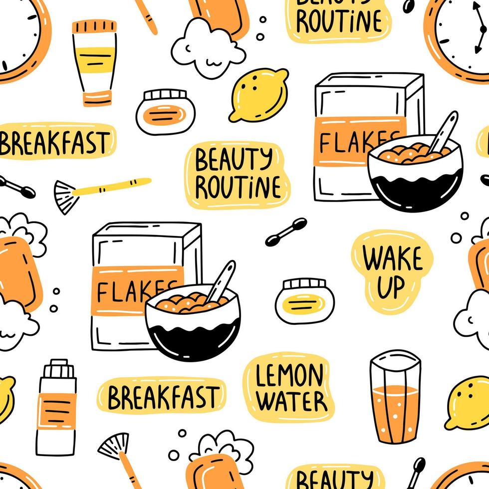 Morning routine seamless pattern in doodle style. Background with breakfast, cosmetics, lemon water. Vector illustration background.