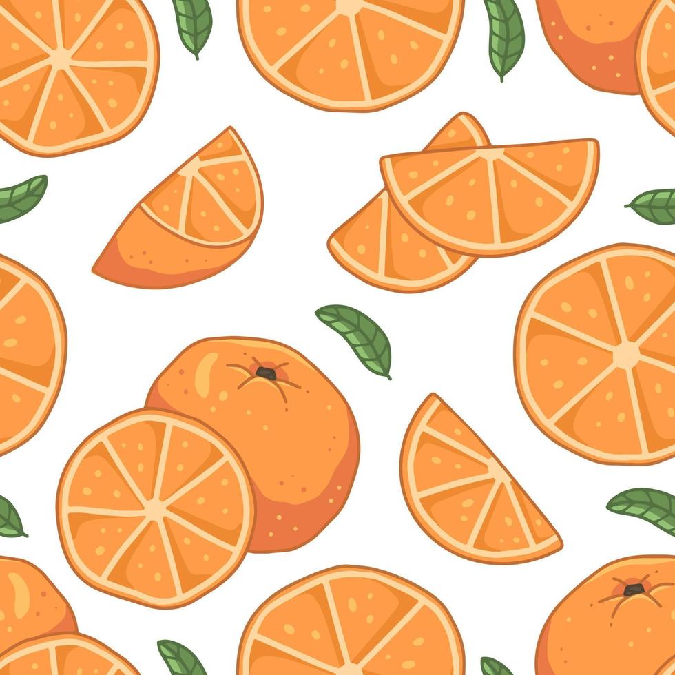 Seamless fruit pattern with oranges and leaves on a white background. Vector illustration background.