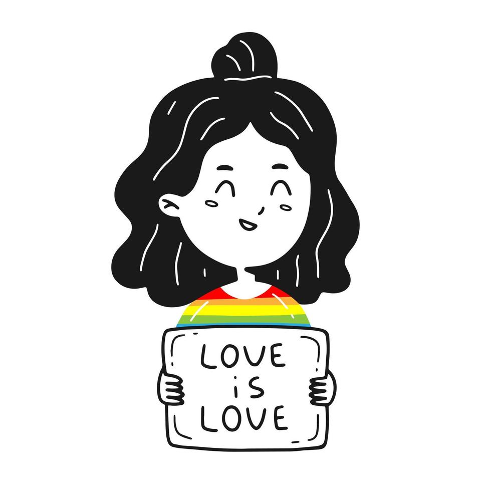 una niña sostiene un cartel con la inscripción amor es amor. una chica con una camiseta lgbt. ilustración vectorial aislada. vector