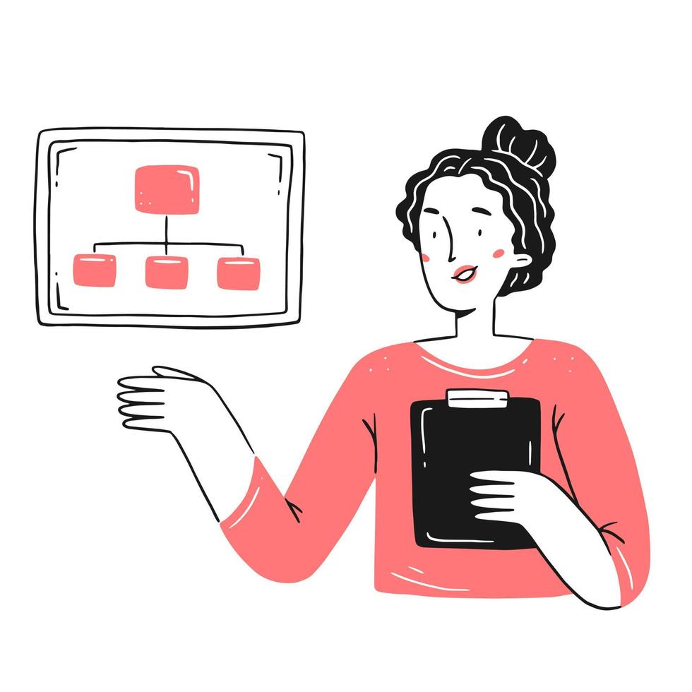 A happy woman shows a presentation. A happy character at work. The girl shows a graph. Vector hand drawn illustration.