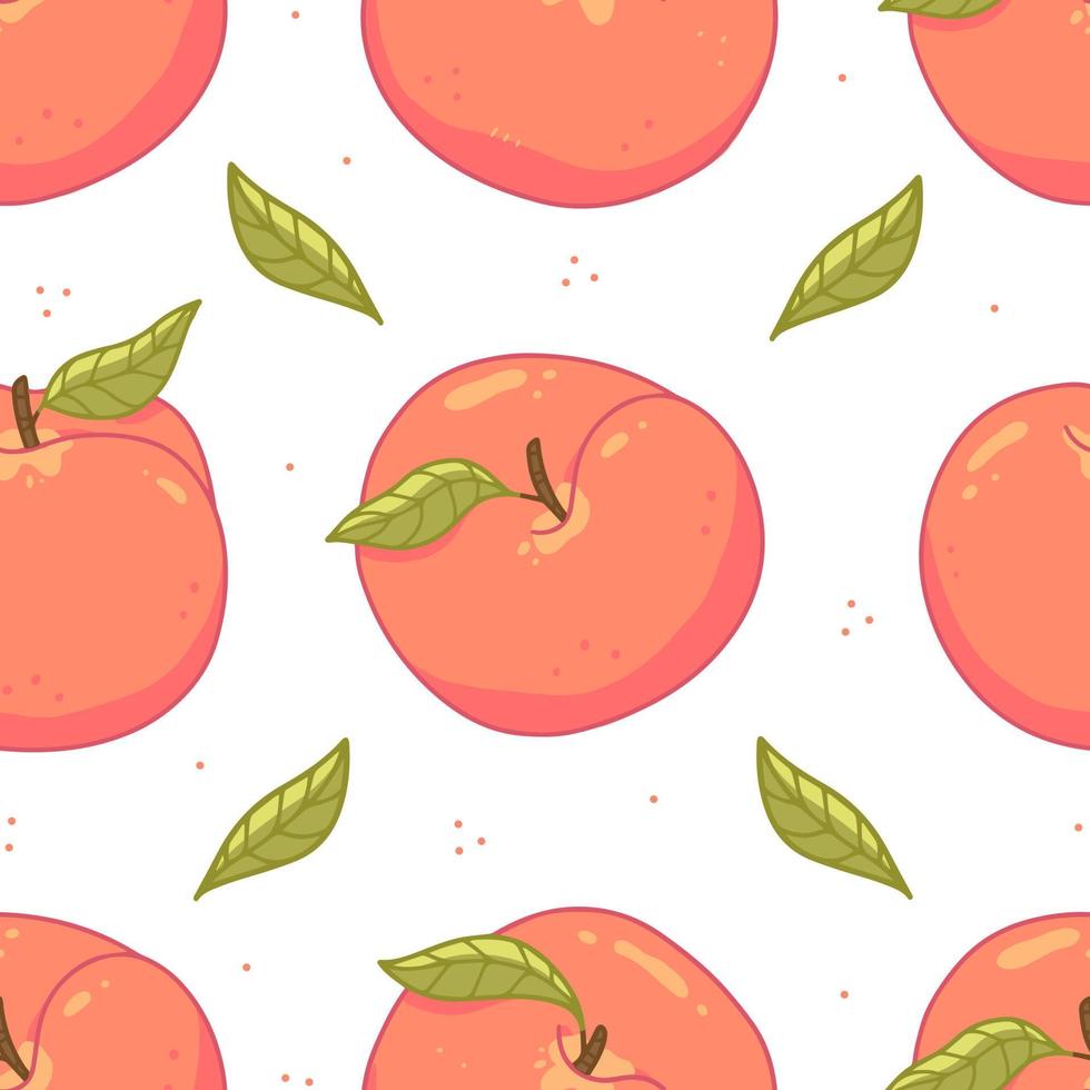 patrón de frutas sin fisuras con melocotones y hojas y puntos sobre un fondo blanco. fondo de ilustración vectorial. vector