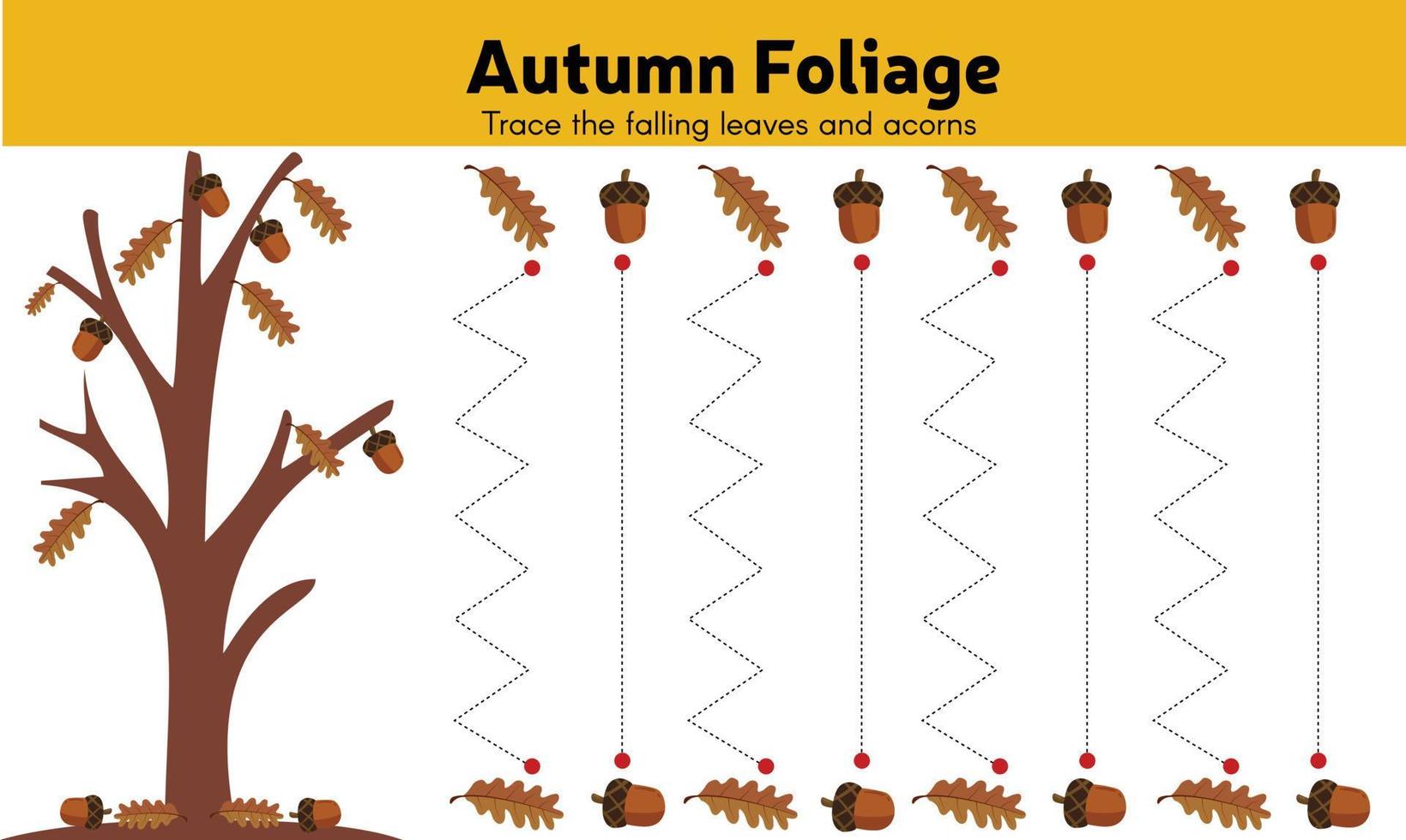 Autumn foliage standing and zig-zag lines, pencil control for early learners, motor skills worksheet for kids. vector