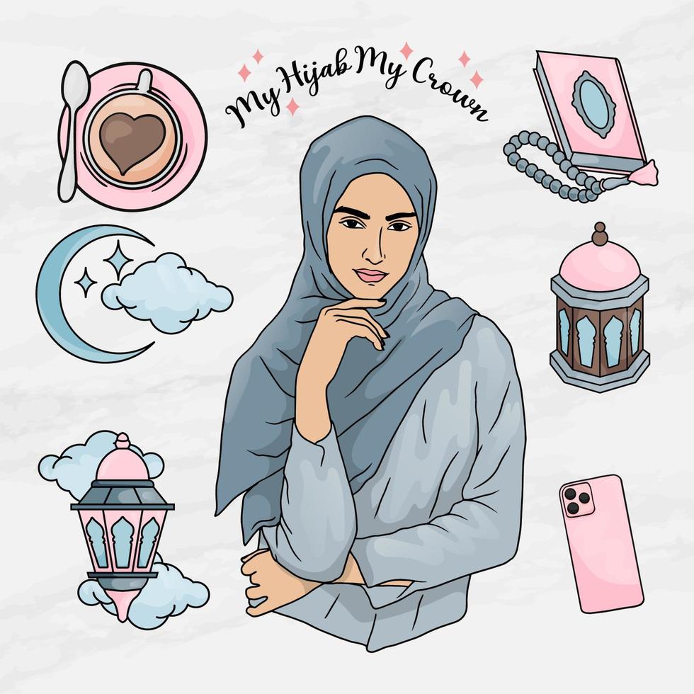 beauty woman hijab girl sticker element objects set template vector