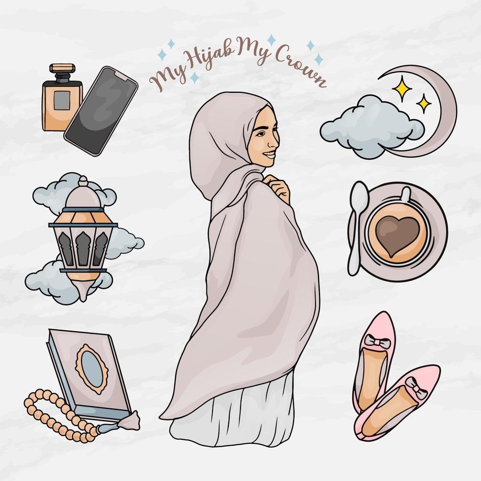 beauty woman hijab girl sticker element objects set template vector