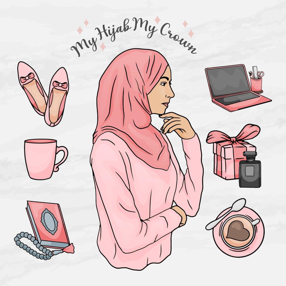 belleza mujer hijab niña pegatina elemento elementos establecer plantilla vector