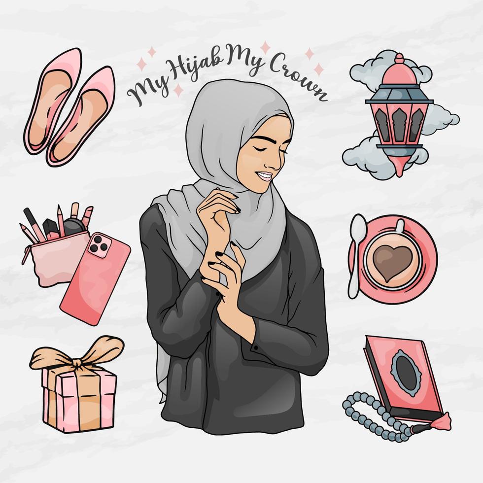 beauty woman hijab girl sticker element objects set template vector