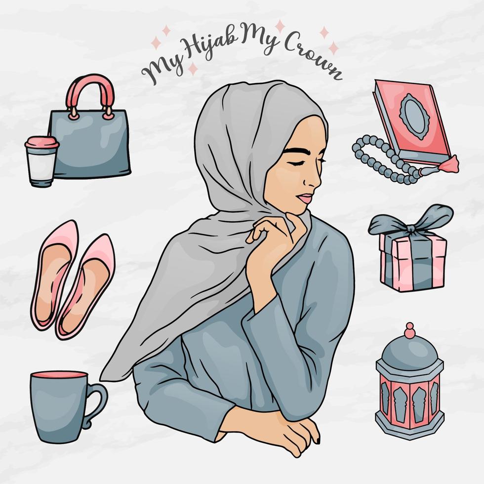 beauty woman hijab girl sticker element objects set template vector