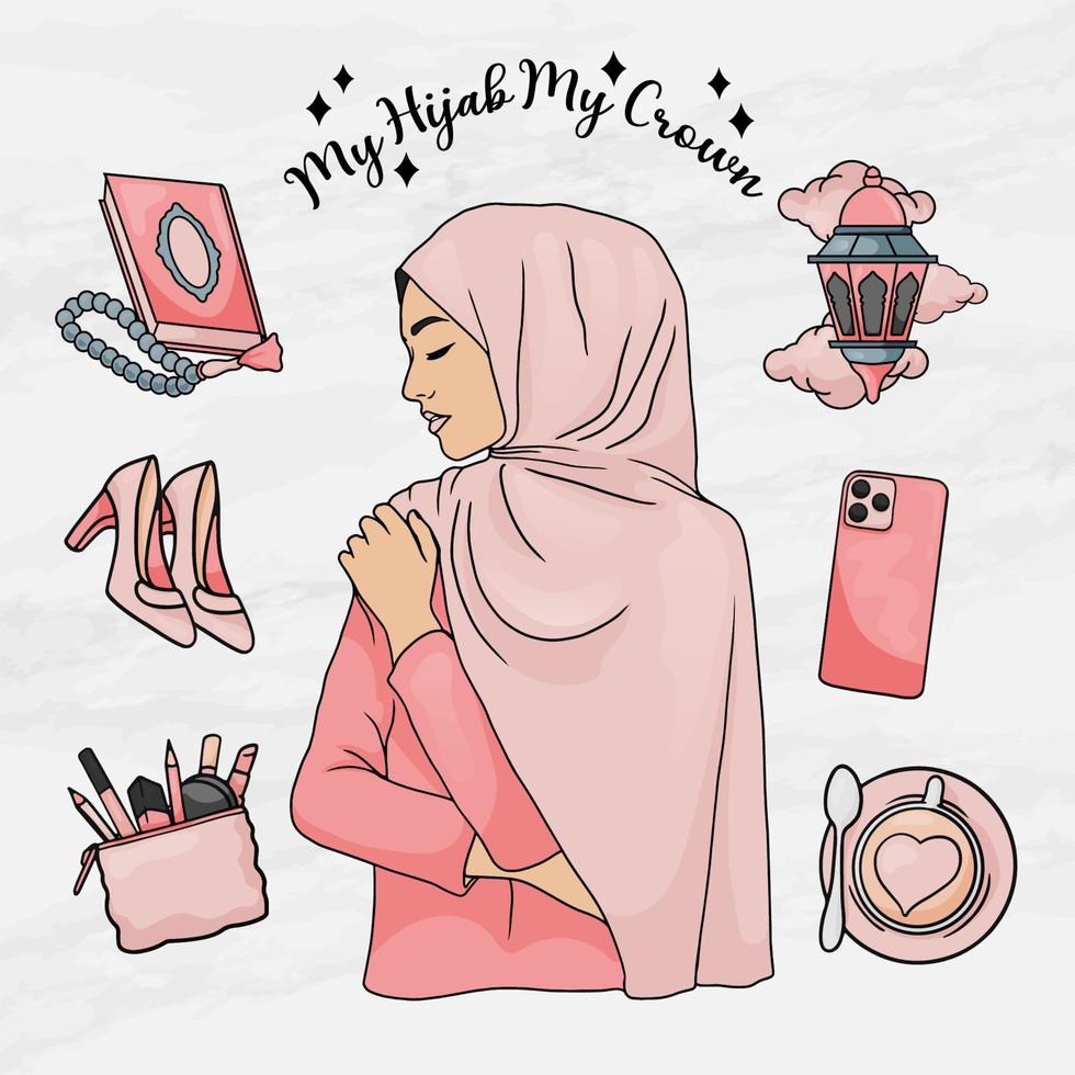 beauty woman hijab girl sticker element objects set template vector