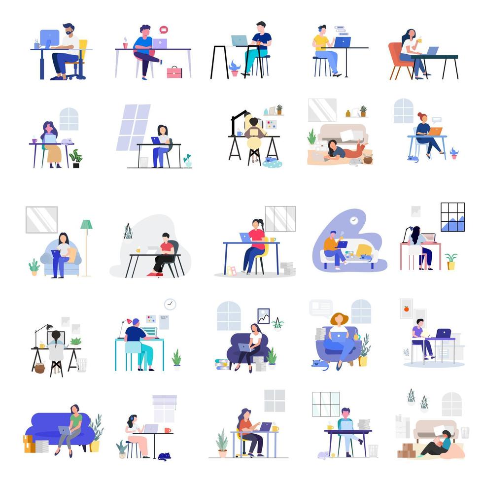 Set of people working online and staying home. vector