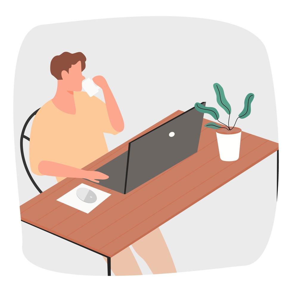 the man drink a coffee relaxing at home.he sitting and work at h vector