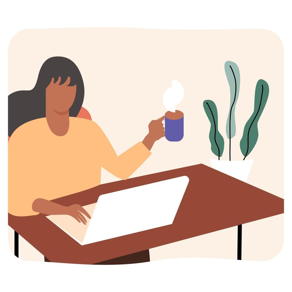mujer sosteniendo una taza de café. Ella trabaja en casa. vector
