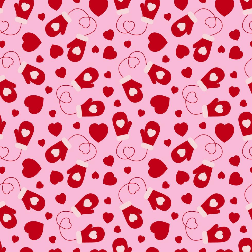 Seamless pattern of mittens and hearts on a pink background. vector