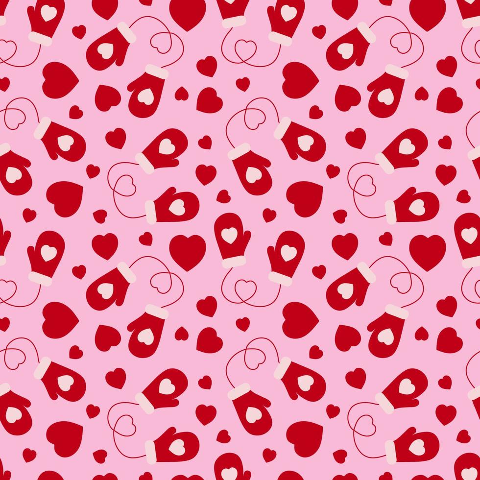 Seamless pattern of mittens and hearts on a pink background. vector