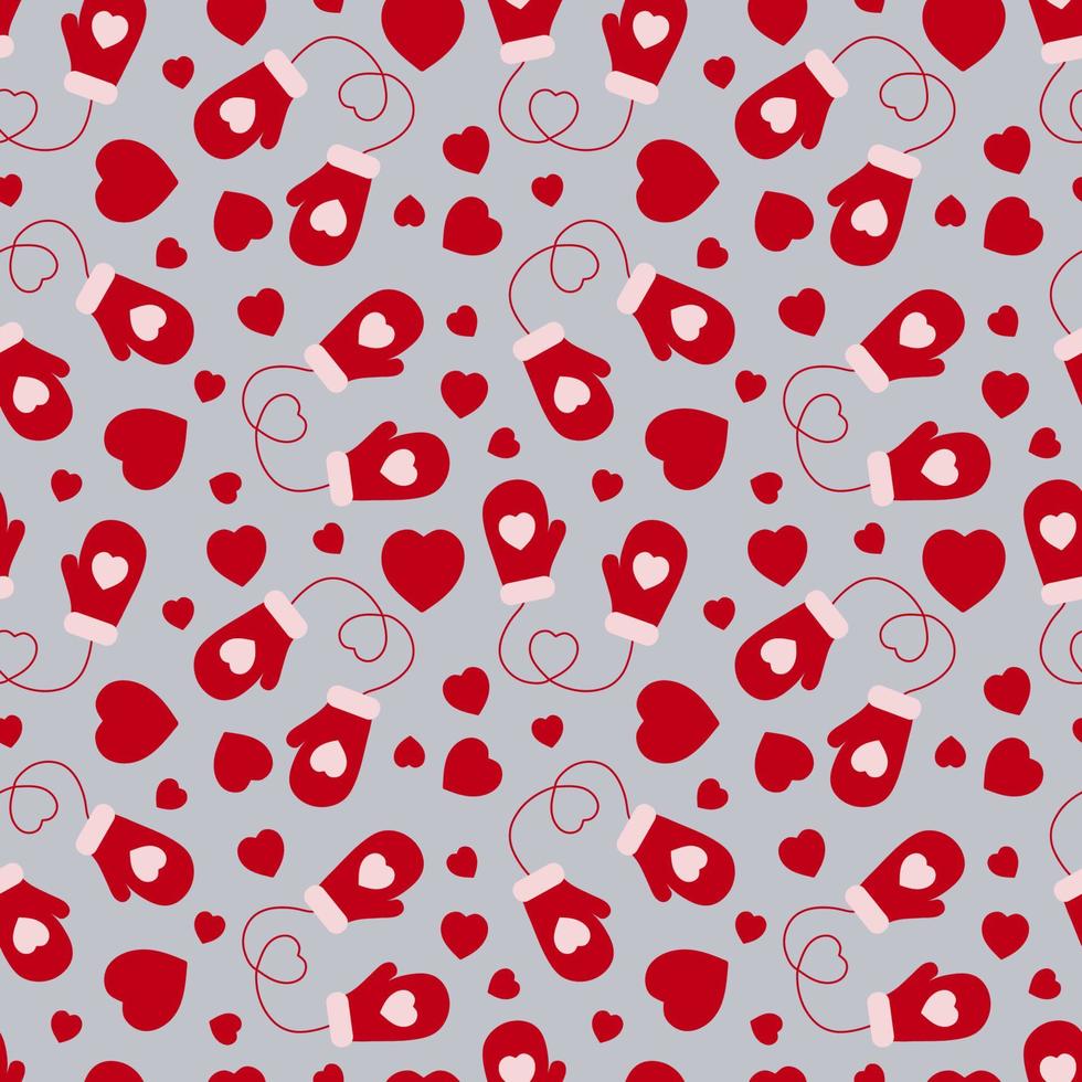 Seamless pattern of mittens and hearts on a gray background. vector