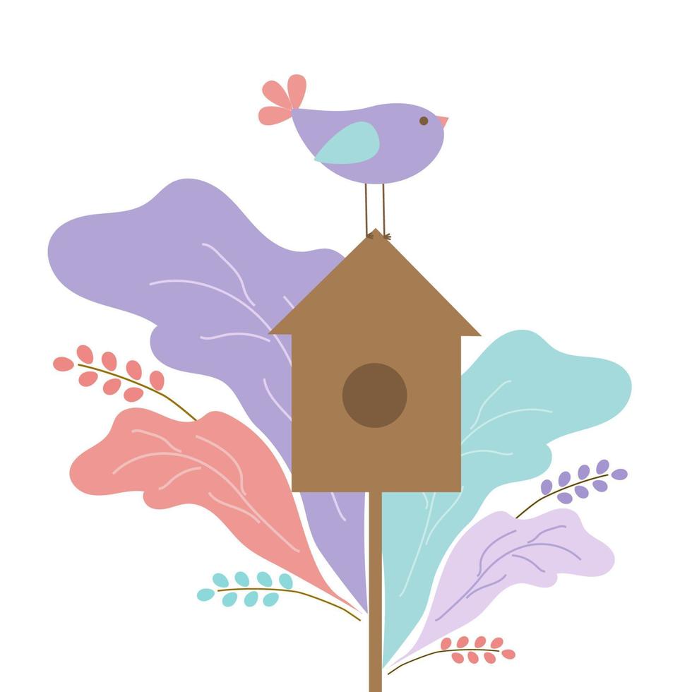 A purple bird stands on a birdhouse that is surrounded by spring flowers. Spring came. Bird house. Elements for postcard or design. Flat illustration. vector